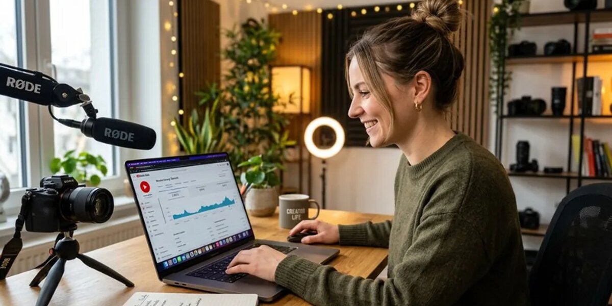 Frau im Creator-Studio entwickelt Content-Monetarisierungsstrategie am Laptop