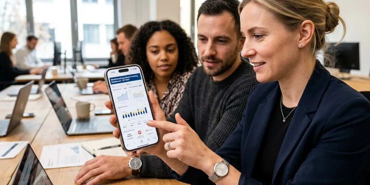 Marktforschungs-Agentur-Team wertet Brand-Tracking-Dashboard aus
