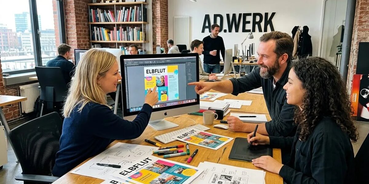 Werbeagentur-Team gestaltet Print-Anzeige für Zeitschrift